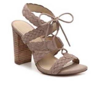 BCBG Lorette X stacked heel braided suede sandals